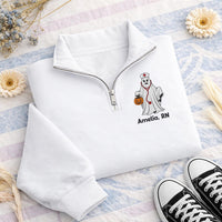Personalized Nurse Embroidered Quarter Zip Sweatshirt, Custom RN Ghost Pullover, Halloween Party Layer, Spooky Shift Wear, Halloween Gift
