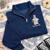 Personalized Nurse Embroidered Quarter Zip Sweatshirt, Custom RN Ghost Pullover, Halloween Party Layer, Spooky Shift Wear, Halloween Gift