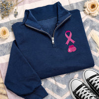 Pink Ribbon Embroidered Quarter Zip Sweatshirt, Breast Cancer Boxing Gloves Pullover, October Awareness Apparel, Thoughtful Survivor Gift