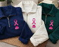Pink Ribbon Embroidered Quarter Zip Sweatshirt, Breast Cancer Boxing Gloves Pullover, October Awareness Apparel, Thoughtful Survivor Gift
