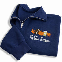 Tis the Season Football Embroidered Quarter Zip Sweatshirt, Fall Football Pullover Sweater, Pumpkin Spice Game Day Outfit, Festive Gift