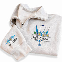 Personalized Nurse Embroidered Quarter Zip Sweatshirt, Custom RN Name Sweater, Hospital Shift Pullover, Scrub Layering Top, New Nurse Gift