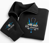 Personalized Nurse Embroidered Quarter Zip Sweatshirt, Custom RN Name Sweater, Hospital Shift Pullover, Scrub Layering Top, New Nurse Gift