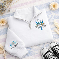 Personalized Nurse Embroidered Quarter Zip Sweatshirt, Custom RN Name Sweater, Hospital Shift Pullover, Scrub Layering Top, New Nurse Gift
