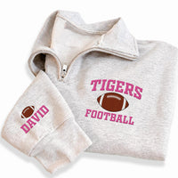Personalized Mascot Embroidered Quarter Zip Sweatshirt, Custom Football Pullover, School Spirit Top, Player Name Sleeve, Custom Team Gift