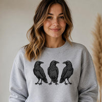 Three Raven Graphic Crewneck Sweatshirt, Gothic Crow Pullover, Dark Academia Bird Shirt, Witchy Corvid Nature Top, Gift for Raven Lover