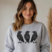 Three Raven Graphic Crewneck Sweatshirt, Gothic Crow Pullover, Dark Academia Bird Shirt, Witchy Corvid Nature Top, Gift for Raven Lover