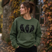 Three Raven Graphic Crewneck Sweatshirt, Gothic Crow Pullover, Dark Academia Bird Shirt, Witchy Corvid Nature Top, Gift for Raven Lover