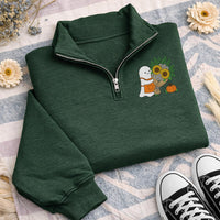Floral Ghost Embroidered Quarter Zip Sweatshirt, Cute Cozy Ghost Pullover Sweater, Spooky Halloween Party Layer, Halloween Gift for Her