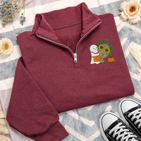 Floral Ghost Embroidered Quarter Zip Sweatshirt, Cute Cozy Ghost Pullover Sweater, Spooky Halloween Party Layer, Halloween Gift for Her