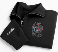 Anatomical Heart Embroidered Quarter Zip Sweatshirt, Custom Sleeve Name Pullover, Nurse Work Sweater, Cardiac Nurse Gift, Gift for RN