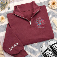 Anatomical Heart Embroidered Quarter Zip Sweatshirt, Custom Sleeve Name Pullover, Nurse Work Sweater, Cardiac Nurse Gift, Gift for RN