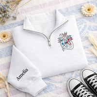 Anatomical Heart Embroidered Quarter Zip Sweatshirt, Custom Sleeve Name Pullover, Nurse Work Sweater, Cardiac Nurse Gift, Gift for RN