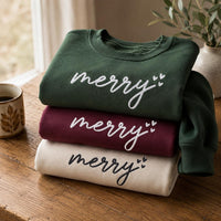 Merry Script Embroidered Sweatshirt, Cozy Christmas Shirt, Minimalist Holiday Hoodie, Festive Winter Crewneck, Christmas Gift for Her