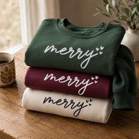Merry Script Embroidered Shirt, Cozy Christmas Sweatshirt, Minimalist Holiday Hoodie, Festive Winter Crewneck, Christmas Gift for Her