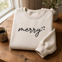 Merry Script Embroidered Sweatshirt, Cozy Christmas Shirt, Minimalist Holiday Hoodie, Festive Winter Crewneck, Christmas Gift for Her