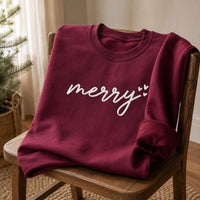 Merry Script Embroidered Shirt, Cozy Christmas Sweatshirt, Minimalist Holiday Hoodie, Festive Winter Crewneck, Christmas Gift for Her
