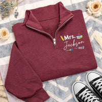 Personalized Teacher Embroidered Quarter Zip Sweatshirt, Custom Name Pullover, Classroom Doodle Top, Educator Workwear, Teacher Gift