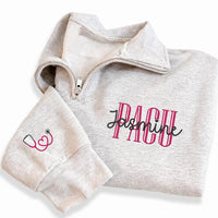 Personalized PACU Nurse Embroidered Quarter Zip Sweatshirt, Custom Name Pullover, Hospital Shift Pullover, Recovery Room Wear, Gift for RN