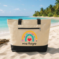 Personalized Teacher Tote Bag with Zipper, Custom Name Canvas Tote, Colorful School Designs, Classroom Supplies Bag, Gift for Teacher