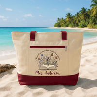 Personalized Teacher Tote Bag with Zipper, Custom Name Canvas Tote, Colorful School Designs, Classroom Supplies Bag, Gift for Teacher