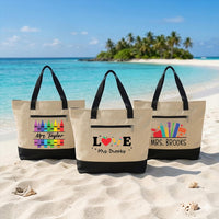 Personalized Teacher Tote Bag with Zipper, Custom Name Canvas Tote, Colorful School Designs, Classroom Supplies Bag, Gift for Teacher