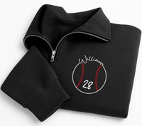 Baseball Player Embroidered Quarter Zip Sweatshirt, Custom Name Number Pullover, Sporty Layering Top, Game Day Outfit, Tournament Gift