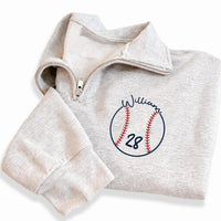 Baseball Player Embroidered Quarter Zip Sweatshirt, Custom Name Number Pullover, Sporty Layering Top, Game Day Outfit, Tournament Gift