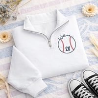 Baseball Player Embroidered Quarter Zip Sweatshirt, Custom Name Number Pullover, Sporty Layering Top, Game Day Outfit, Tournament Gift