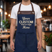 Custom Business Embroidered Apron, Personalized Logo Cooking Apron, Leather Trim Kitchen Uniform, Embroidered Staff Apron, Café Uniform
