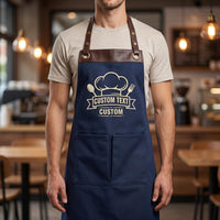 Custom Business Embroidered Apron, Personalized Logo Cooking Apron, Leather Trim Kitchen Uniform, Embroidered Staff Apron, Café Uniform