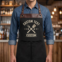 Custom Business Embroidered Apron, Personalized Logo Cooking Apron, Leather Trim Kitchen Uniform, Embroidered Staff Apron, Café Uniform