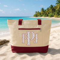 Personalized Monogram Tote Bag with Zipper, Custom Floral Initial Canvas Bag, Beach Travel Tote, Vacation Essentials, Travel Gift for Her