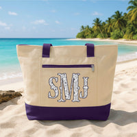 Personalized Monogram Tote Bag with Zipper, Custom Floral Initial Canvas Bag, Beach Travel Tote, Vacation Essentials, Travel Gift for Her