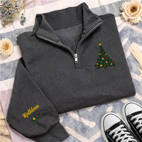 Christmas Tree Embroidered Quarter Zip Sweatshirt, Personalized Sleeve Name, Family Holiday Outfit, Christmas Day Sweater, Holiday Gift