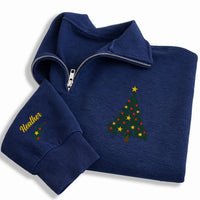 Christmas Tree Embroidered Quarter Zip Sweatshirt, Personalized Sleeve Name, Family Holiday Outfit, Christmas Day Sweater, Holiday Gift