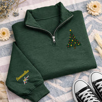 Christmas Tree Embroidered Quarter Zip Sweatshirt, Personalized Sleeve Name, Family Holiday Outfit, Christmas Day Sweater, Holiday Gift