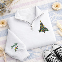 Christmas Tree Embroidered Quarter Zip Sweatshirt, Personalized Sleeve Name, Family Holiday Outfit, Christmas Day Sweater, Holiday Gift