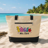 Personalized Teacher Embroidered Zipper Tote Bag, Custom Name Canvas Tote, School Supplies Work Bag, Back to School Gift for Teacher