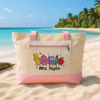 Personalized Teacher Embroidered Zipper Tote Bag, Custom Name Canvas Tote, School Supplies Work Bag, Back to School Gift for Teacher