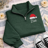 Personalized Santa Hat Embroidered Quarter Zip Sweatshirt, Custom Name Sweater, Holiday Cozy Pullover, Winter Party Outfit, Christmas Gift