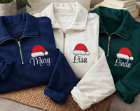 Personalized Santa Hat Embroidered Quarter Zip Sweatshirt, Custom Name Sweater, Holiday Cozy Pullover, Winter Party Outfit, Christmas Gift