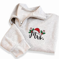 Personalized Mr and Mrs Embroidered Quarter Zip Sweatshirt, Holiday Cozy Pullover, Custom Santa Hat Top, Xmas Couple Outfit, Holiday Gift