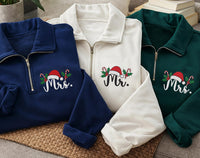 Personalized Mr and Mrs Embroidered Quarter Zip Sweatshirt, Holiday Cozy Pullover, Custom Santa Hat Top, Xmas Couple Outfit, Holiday Gift