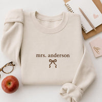 Personalized Mrs. Name Embroidered Sweatshirt, Custom Bow Hoodie, Minimal Classroom Design, Cute Teacher Shirt, Teacher Appreciation Gift