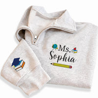 Personalized Teacher Embroidered Quarter Zip Sweatshirt, Custom Name School Pullover, Classroom Layer, Back to School Gift, Teacher Gift
