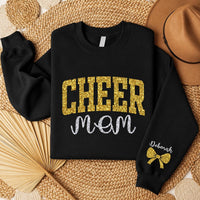 Personalized Glitter Cheer Mom Sweatshirt, Team Mom Crewneck, Custom Name & Bow, Cheerleading Spirit Wear, Custom Team Gift, Front Sleeve