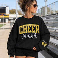 Personalized Glitter Cheer Mom Sweatshirt, Team Mom Crewneck, Custom Name & Bow, Cheerleading Spirit Wear, Custom Team Gift, Front Sleeve