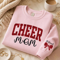 Personalized Glitter Cheer Mom Sweatshirt, Team Mom Crewneck, Custom Name & Bow, Cheerleading Spirit Wear, Custom Team Gift, Front Sleeve