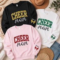 Personalized Glitter Cheer Mom Sweatshirt, Team Mom Crewneck, Custom Name & Bow, Cheerleading Spirit Wear, Custom Team Gift, Front Sleeve